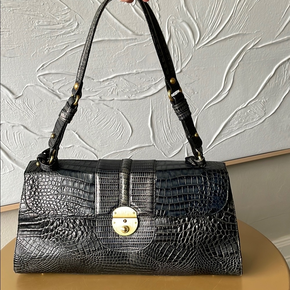 Brahmin Navy Crocodile-Embossed Handbag
